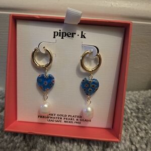 Piper K  Gold Plated Freshwater Pearl Heart Glass Dangle Hoop Earrings